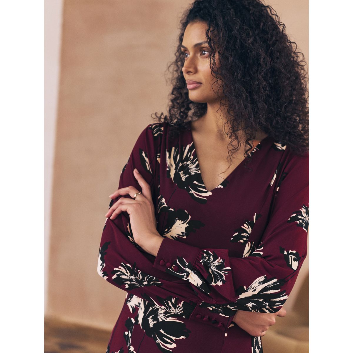 Mini robe trapèze à manches longues imprimé floral rouge bordeaux, NEXT