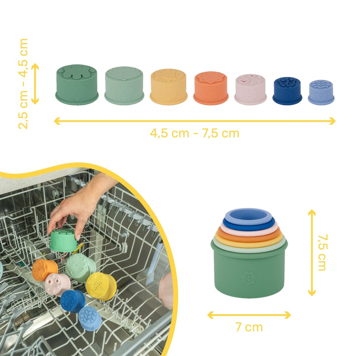 Tasses empilables ludiques pour le bain de bébé multicolore, BADABULLE