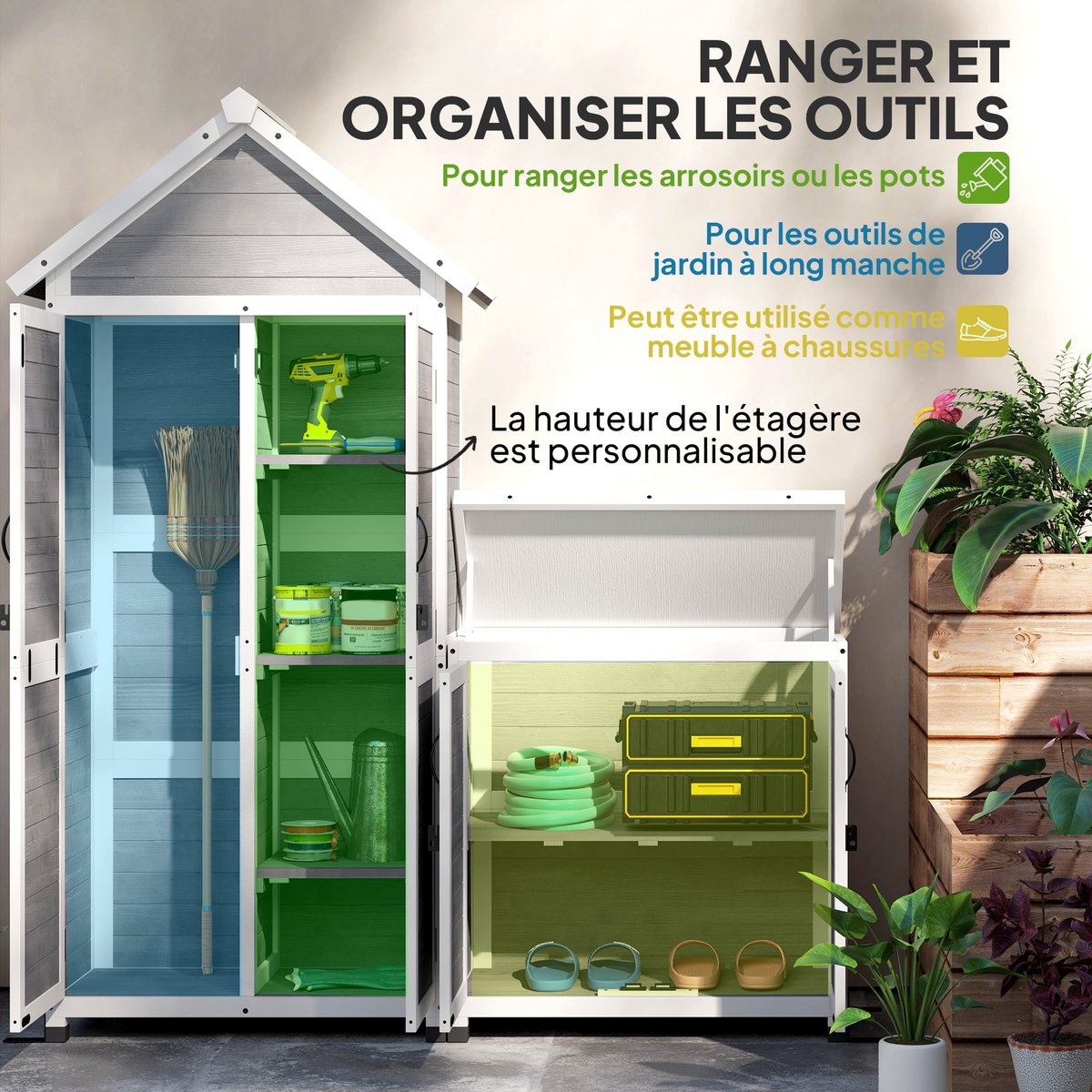 Ensemble armoire de jardin avec coffre extérieur assorti bois gris, OUTSUNNY