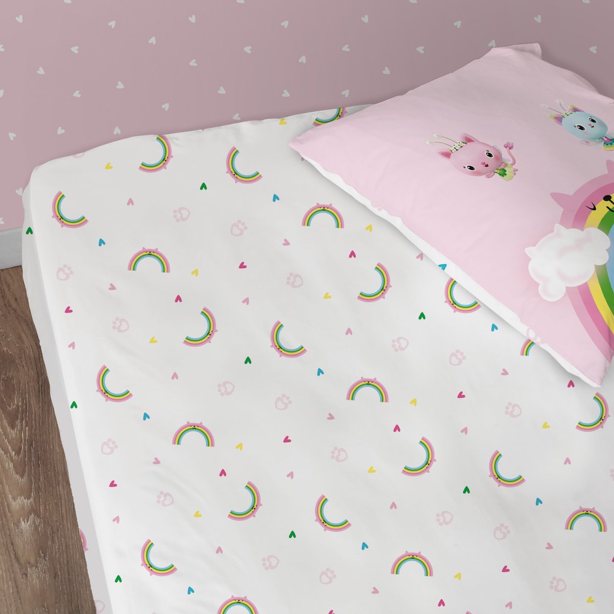 Parure de lit imprimée + drap housse 100% coton, GARDEN rose, GABBY ET LA MAISON MAGIQUE