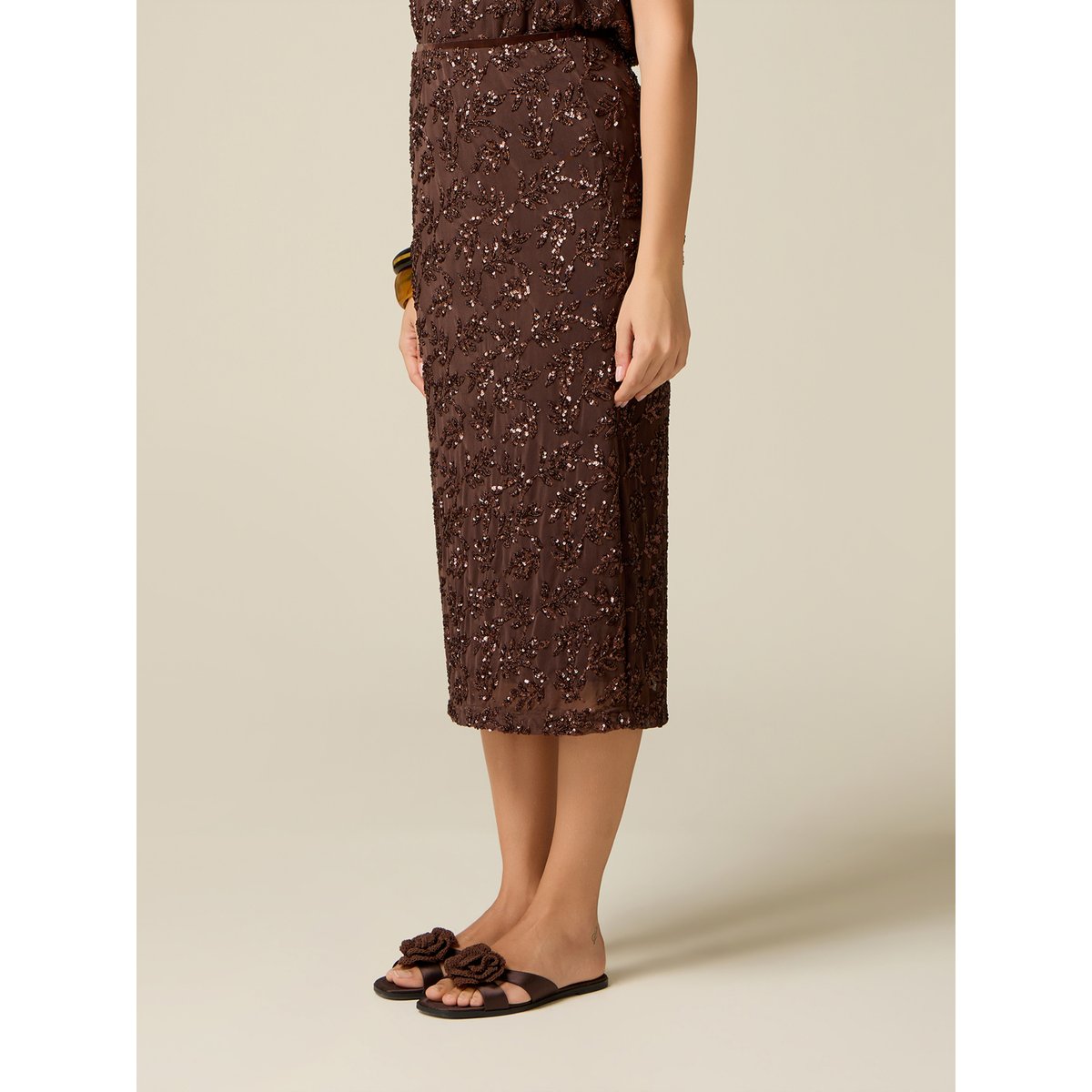 Jupe crayon en tulle à paillettes marron, OLTRE