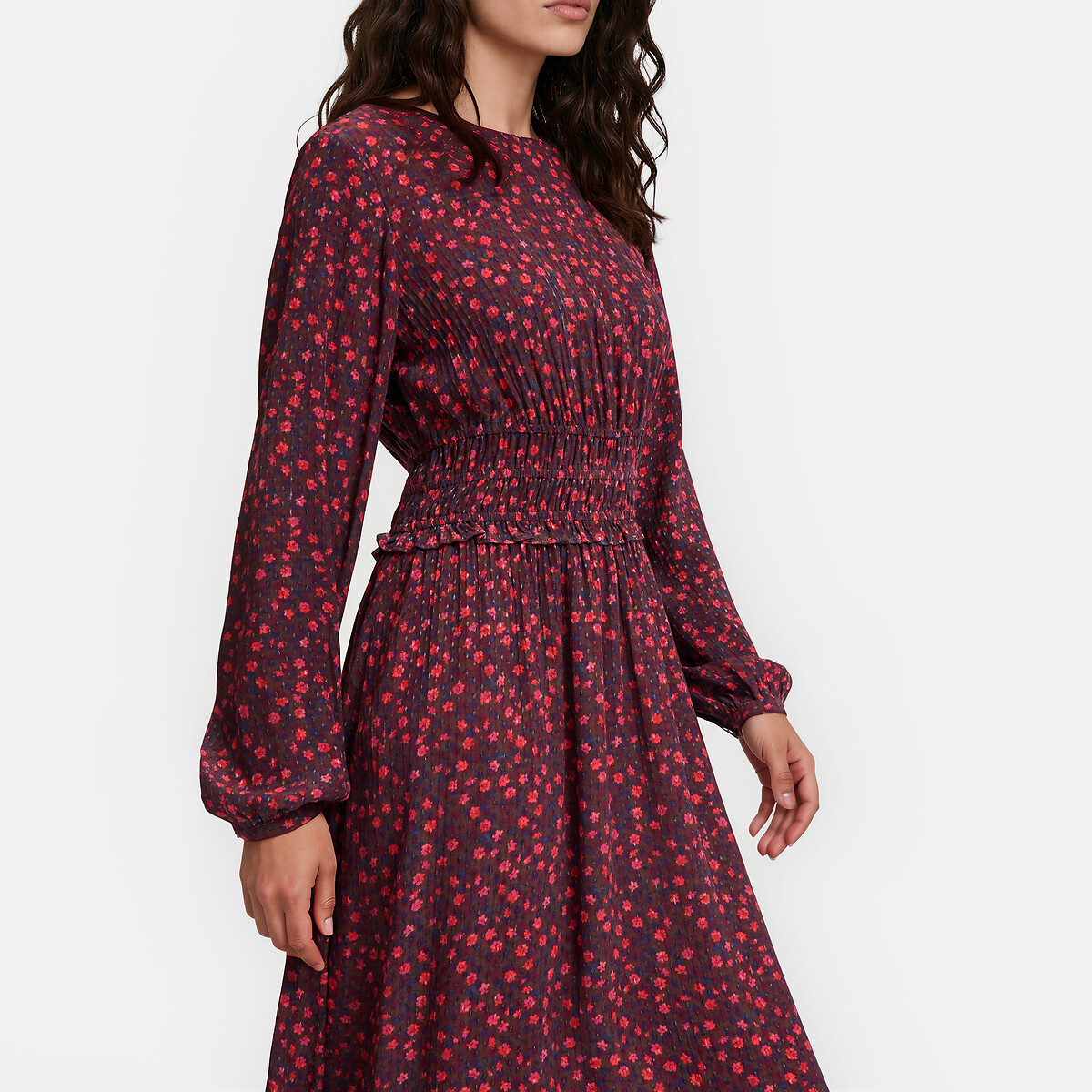 Robe midi imprimé floral à taille smockée imprimé fleur, LA REDOUTE COLLECTIONS