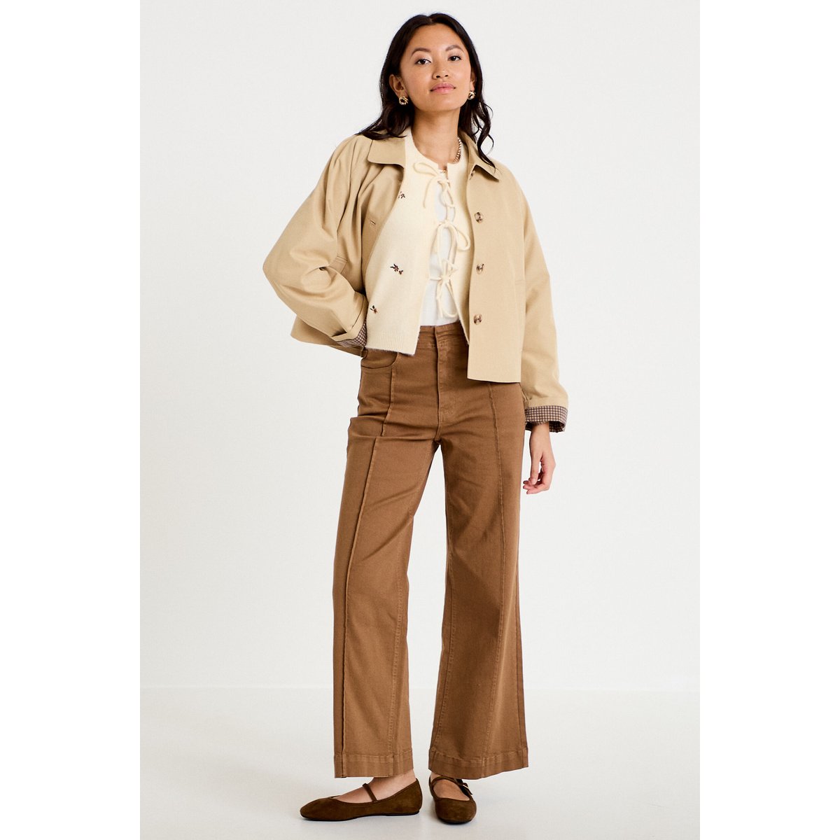 Pantalon bootcut taille basse en jean marron, CACHE CACHE