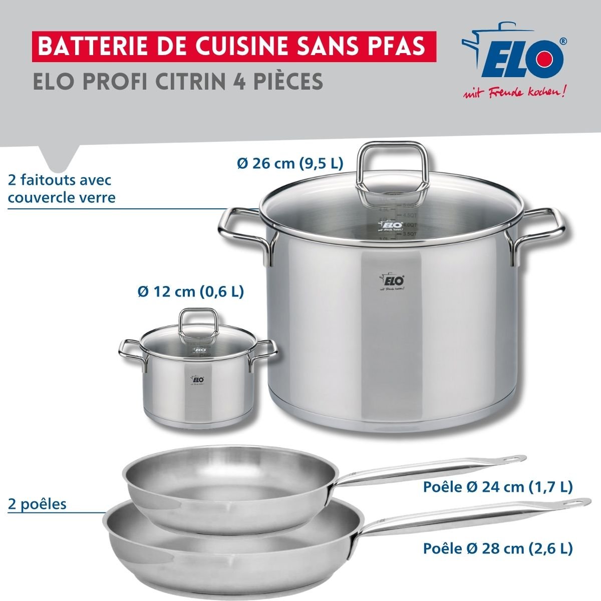 Batterie 2 poêles 24/28cm + 2 faitouts 12/26cm PROFI CITRIN gris, ELO