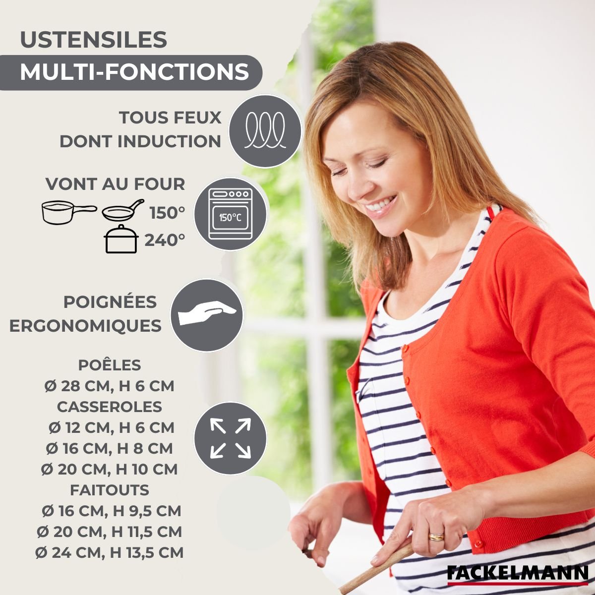 1 poêle 28, 3 faitouts 16/20/24, 3 casseroles 12/16/20 BRILLANT inox|noir, FACKELMANN
