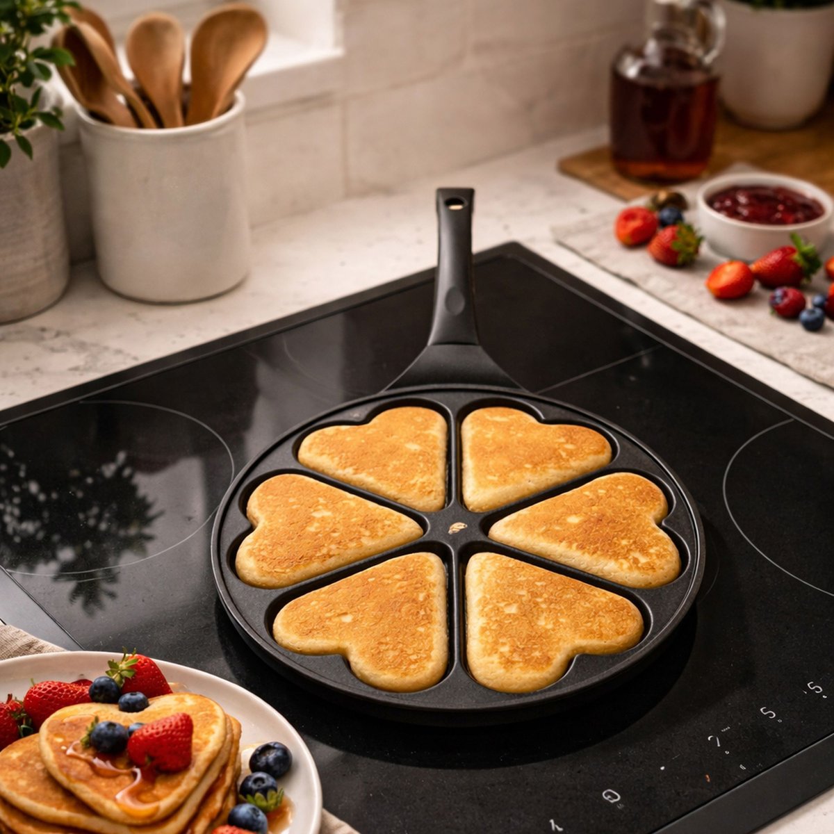 Poêle à pancakes 26cm avec 6 formes de cur noir, MENASTYL