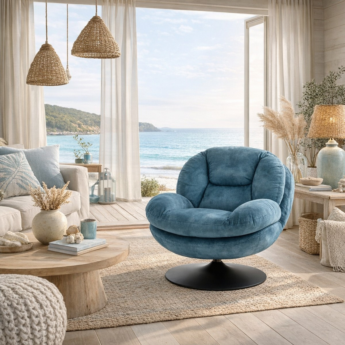 Fauteuil pivotant en velours - TOPI bleu gris, MATHI DESIGN