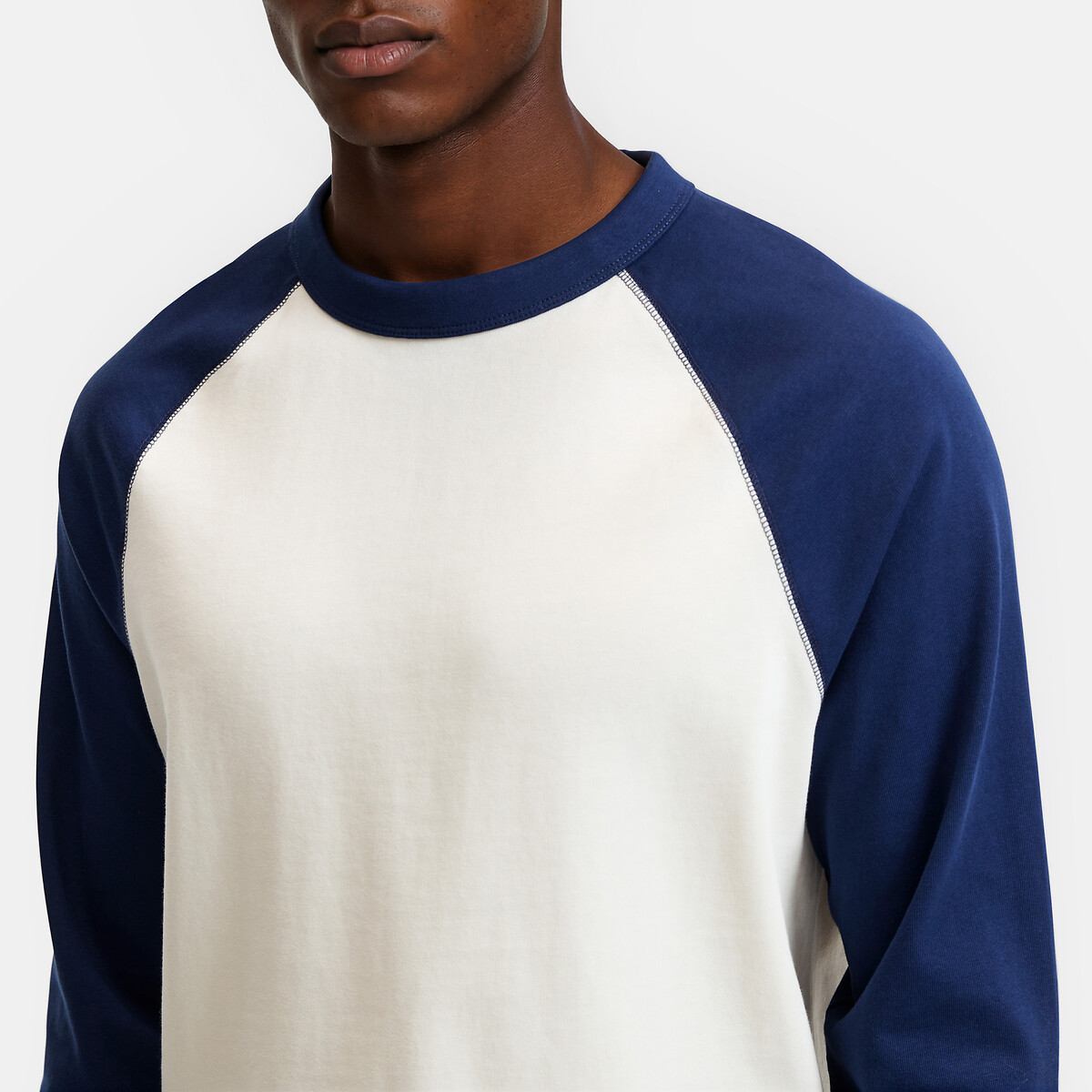 T-shirt girocollo maniche lunghe ecru + blu, LA REDOUTE COLLECTIONS