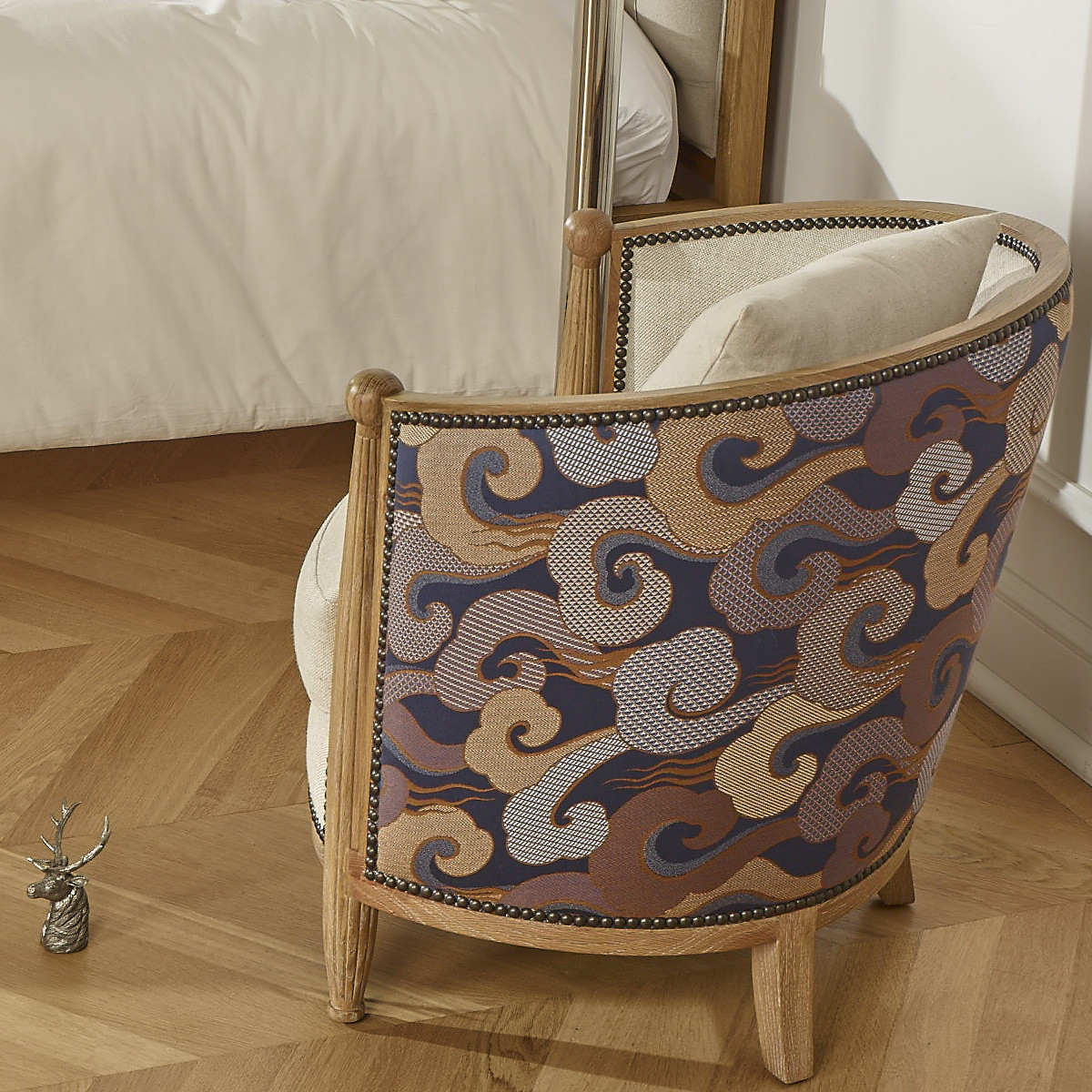Fauteuil tonneau en chêne, lin et tissu édition limitée CAROLE lin, ROBIN DES BOIS