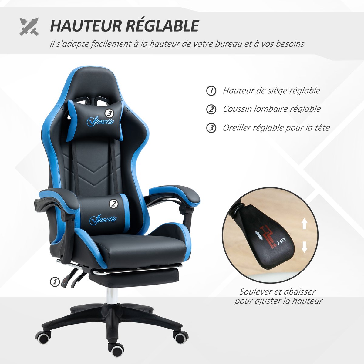 Fauteuil gaming Polyuréthane Noir noir et bleu, HOMCOM