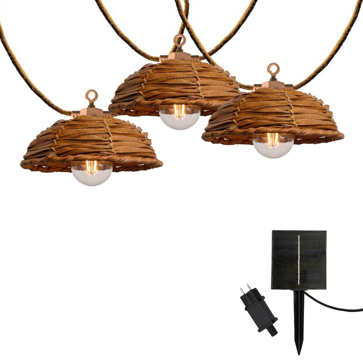 Guirlande lumineuse extérieur raccordable 10 abat-jour en polyrotin COTTAGE HYBRID blanc chaud 8m solaire et sur secteur beige, LUMISKY