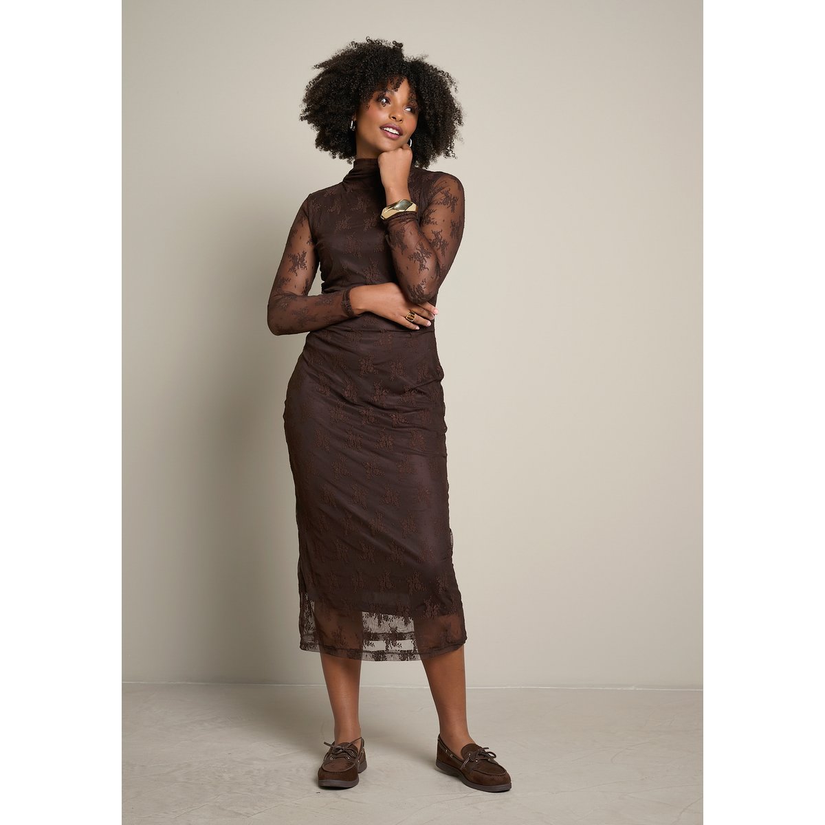 Robe midi en dentelle brun fonce chocolate, LOLALIZA