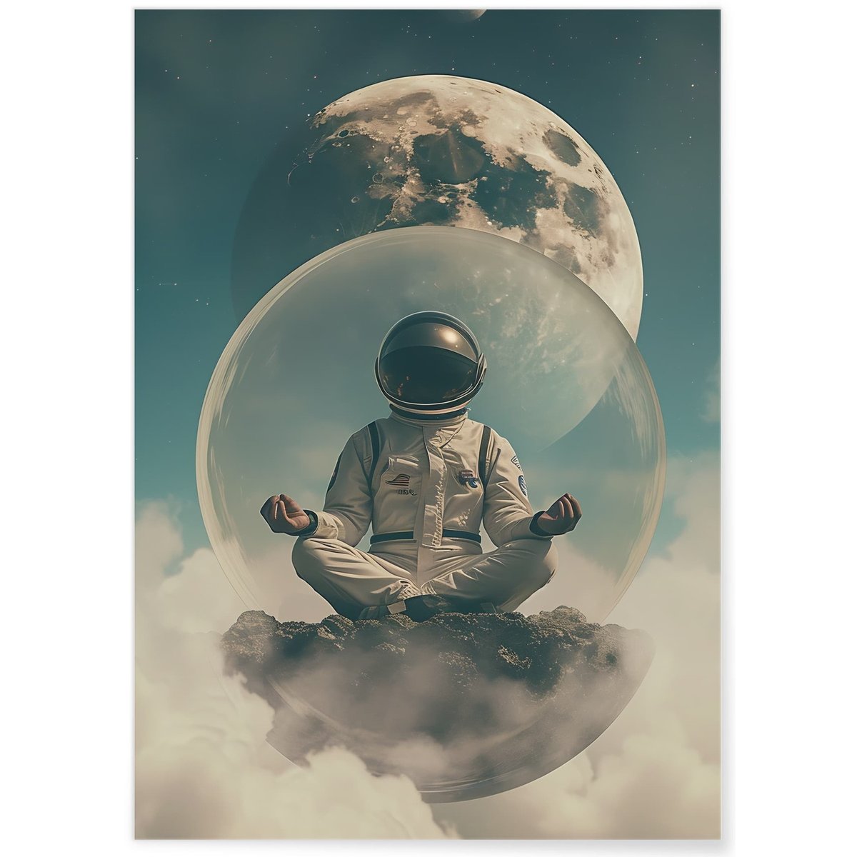 Affiche Astronaute Méditant dans l'Espace blanc, L'AFFICHERIE
