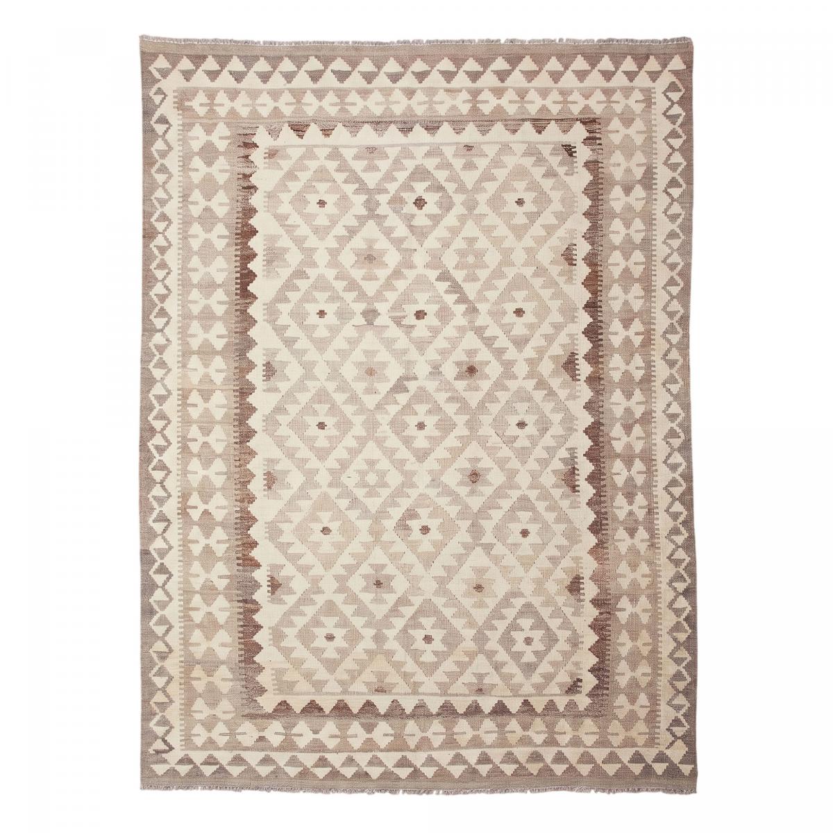 Tapis d'orient, motif géométrique artisanal, tissé à plat, KILIM 5 beige, crème, marron, UN AMOUR DE TAPIS