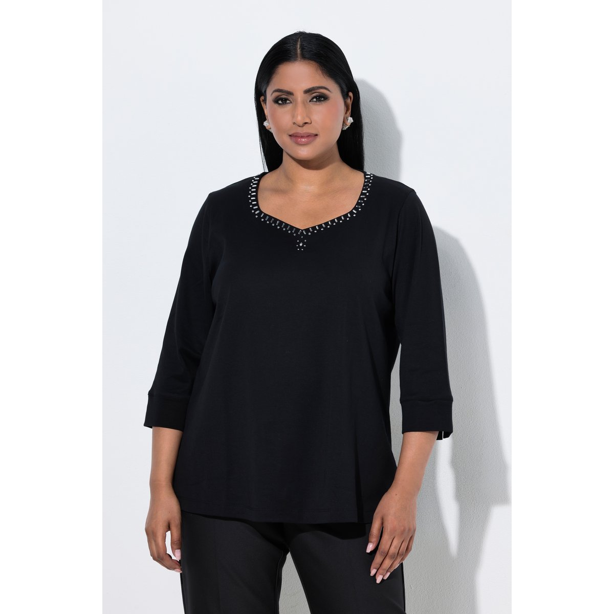 T-shirt en coton Pima, strass fantaisie noir, ULLA POPKEN