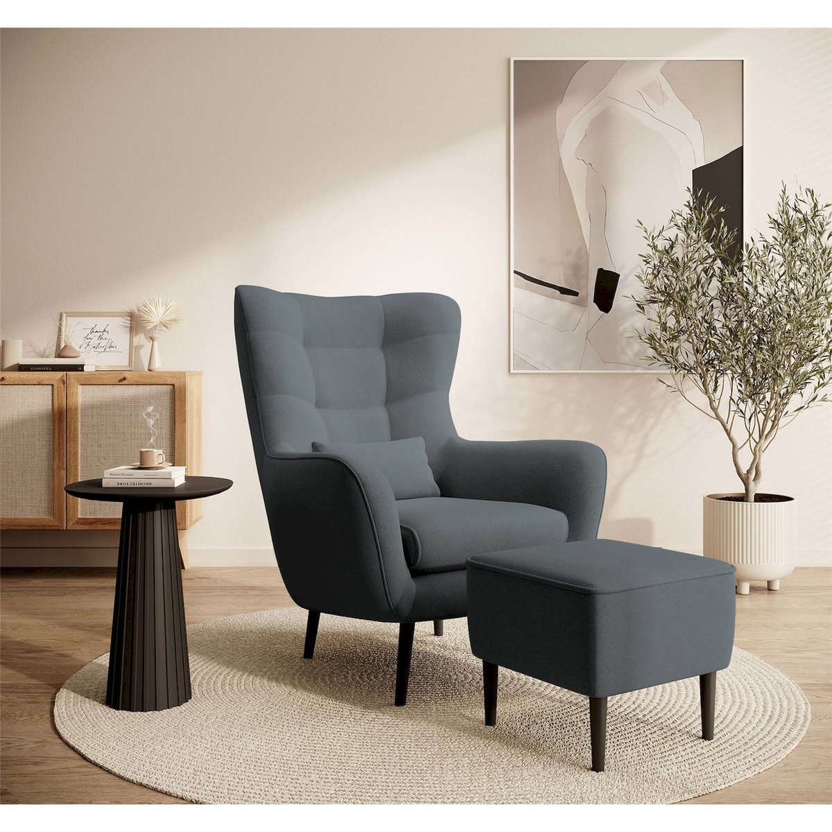 Pouf repose-pieds velours collection VENCE gris anthracite et noir, RECOLLECTION