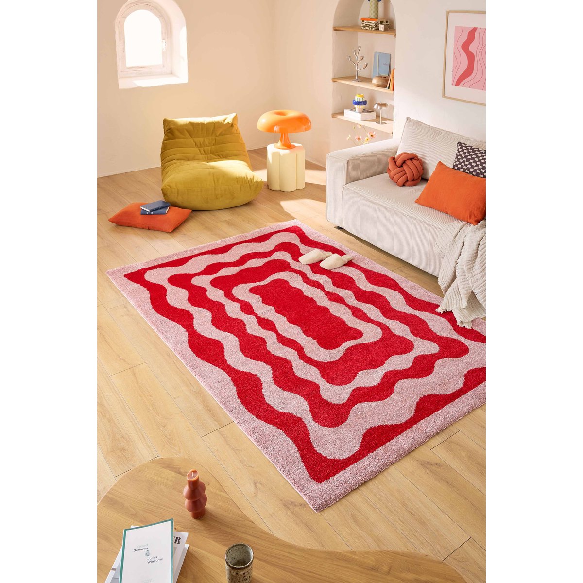 Tapis de salon rétro année 70 GROOVY rouge, NAZAR RUGS