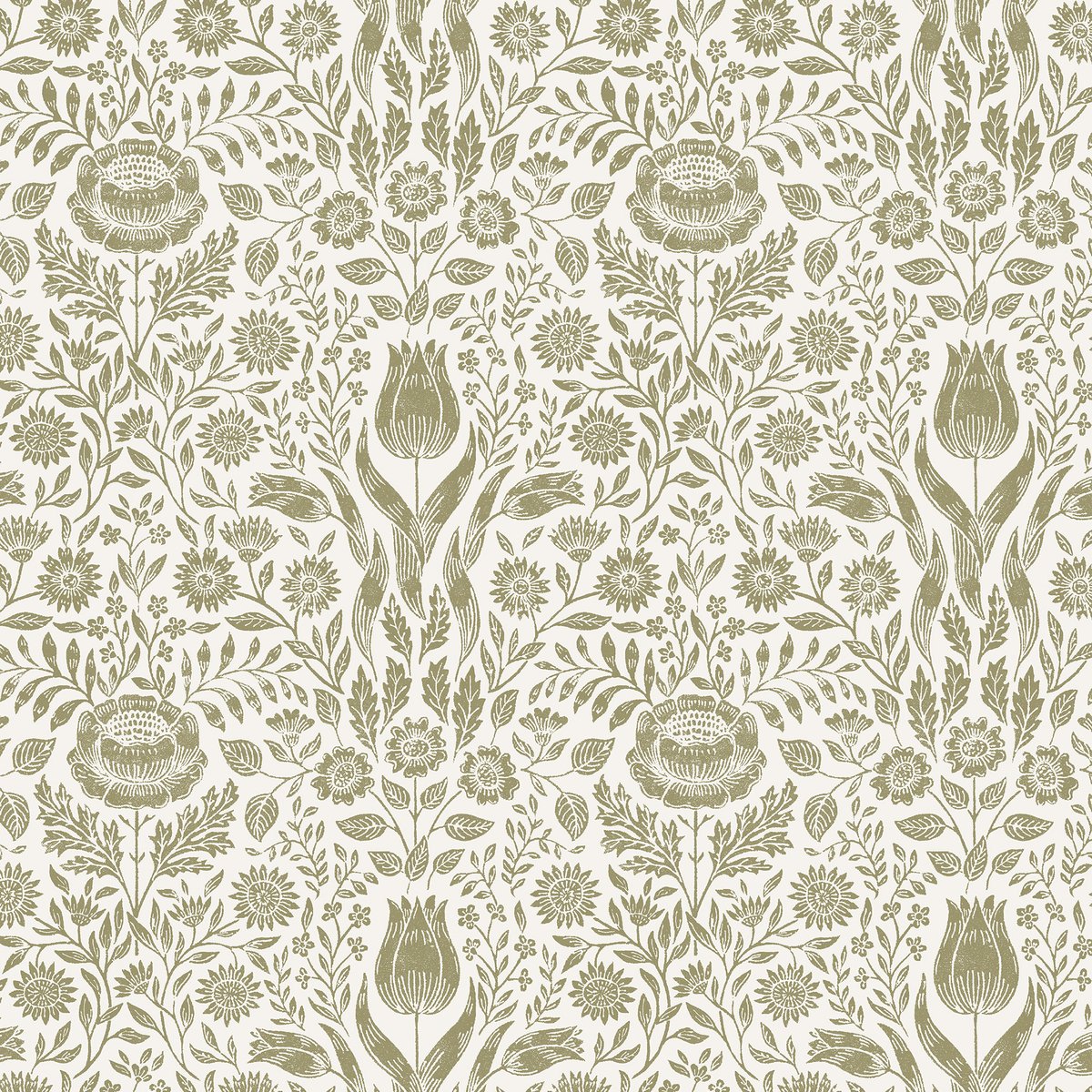 Papier peint damassé fleurs de tulipe Ashstead vert ocré, LAURA ASHLEY