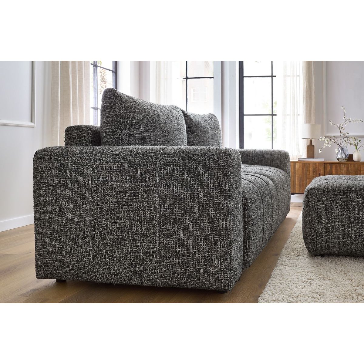 Canapé droit convertible 4 places en tissu chiné avec pouf, ARSENE gris foncé, BOBOCHIC