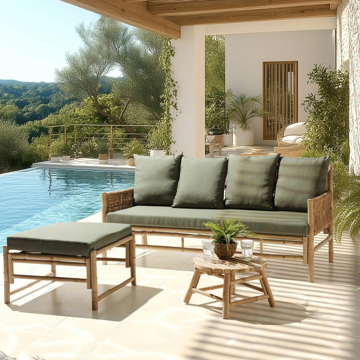 Canapé 3 places, pouf et table basse bambou CALVIA vert, PIER IMPORT