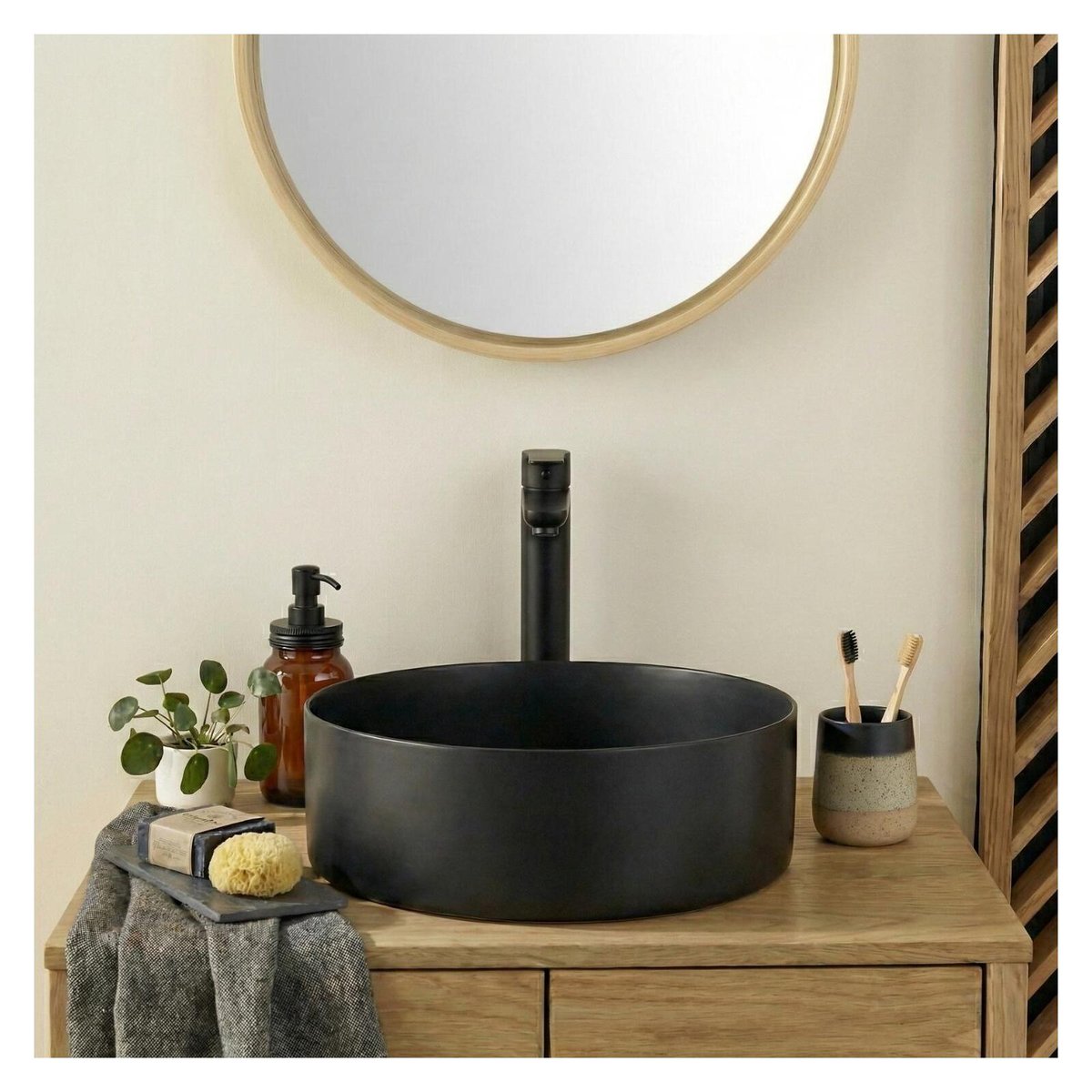 Vasque à poser ronde noire en inox 36 cm avec sa bonde assortie noir, MOB IN