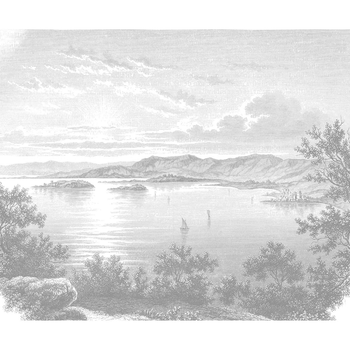 Papier peint panoramique Trasinemo - Lac, voiliers et village gris, LE PAPIERS DE NINON