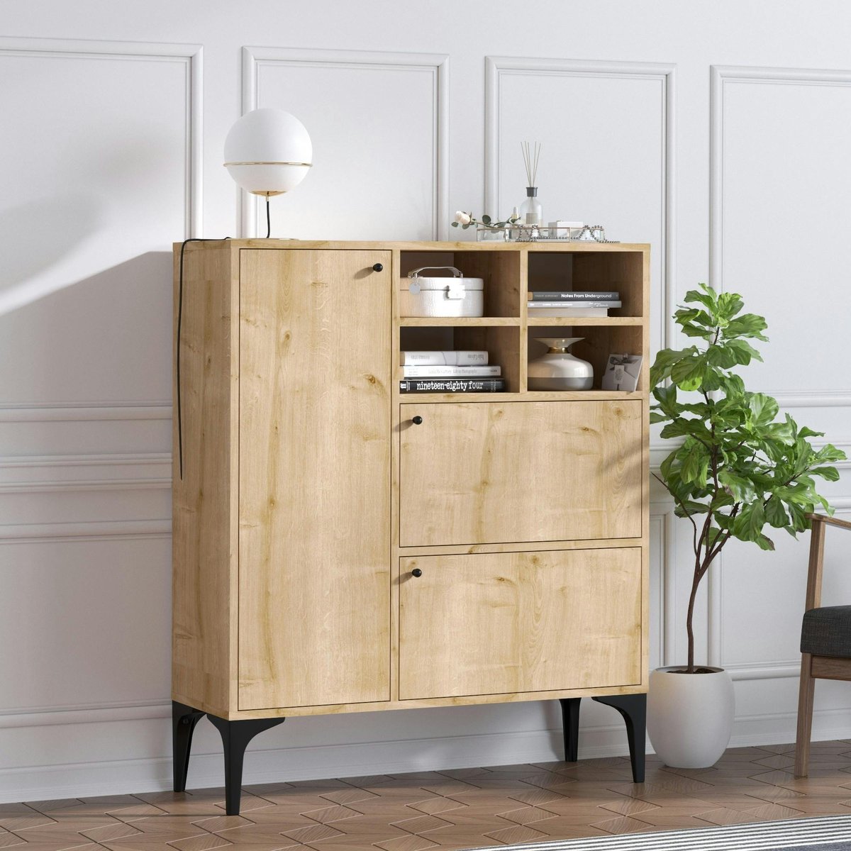Buffet haut moderne effet chêne - 4 niches JENA bois naturel, PIER IMPORT