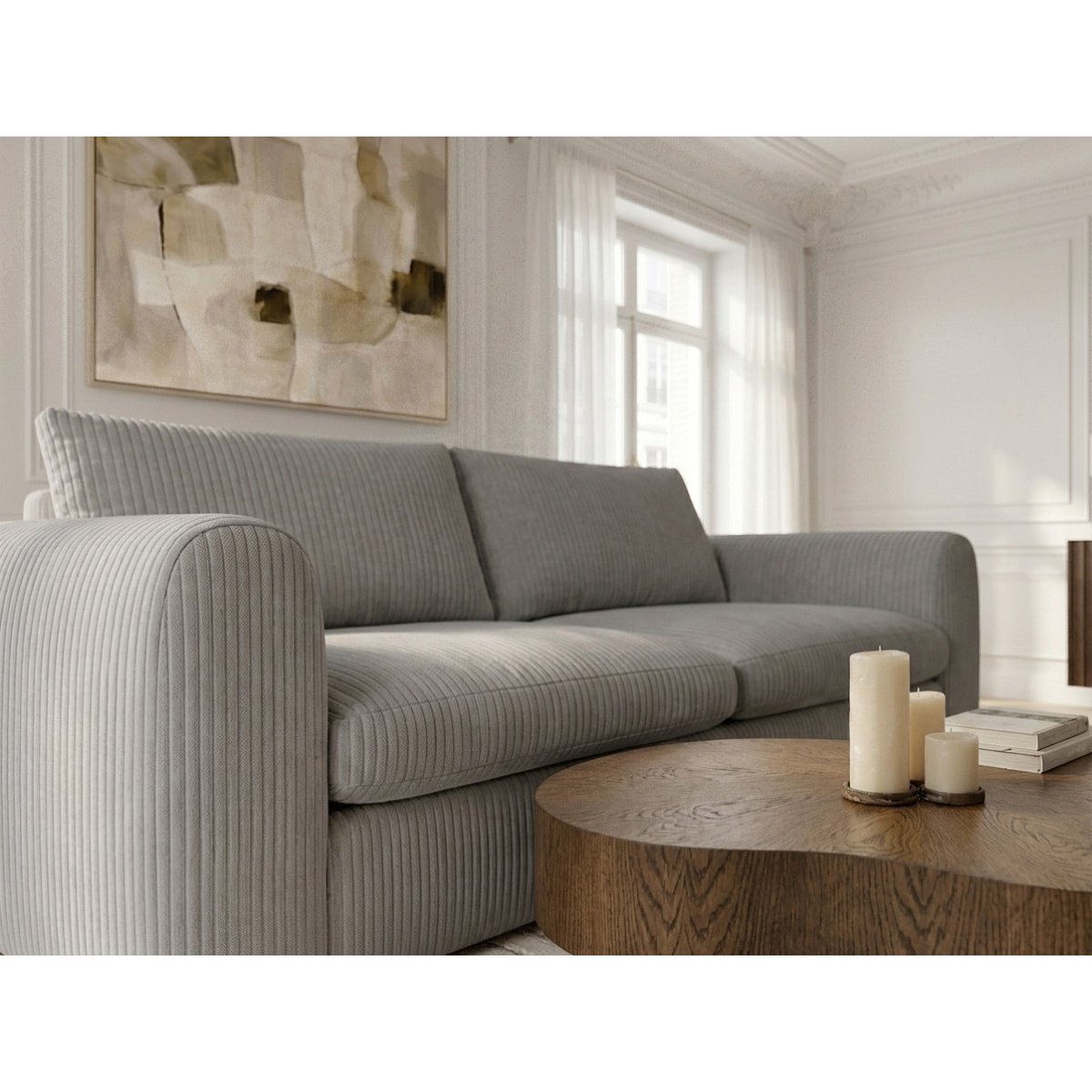Canapé lit 3 places en velours côtelé couchage 140x190 cm, ARCHI gris, BOBOCHIC