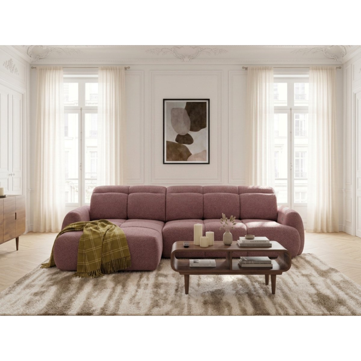 Canapé d'angle convertible 3 places en tissu chenille, RUBY rouge, BOBOCHIC