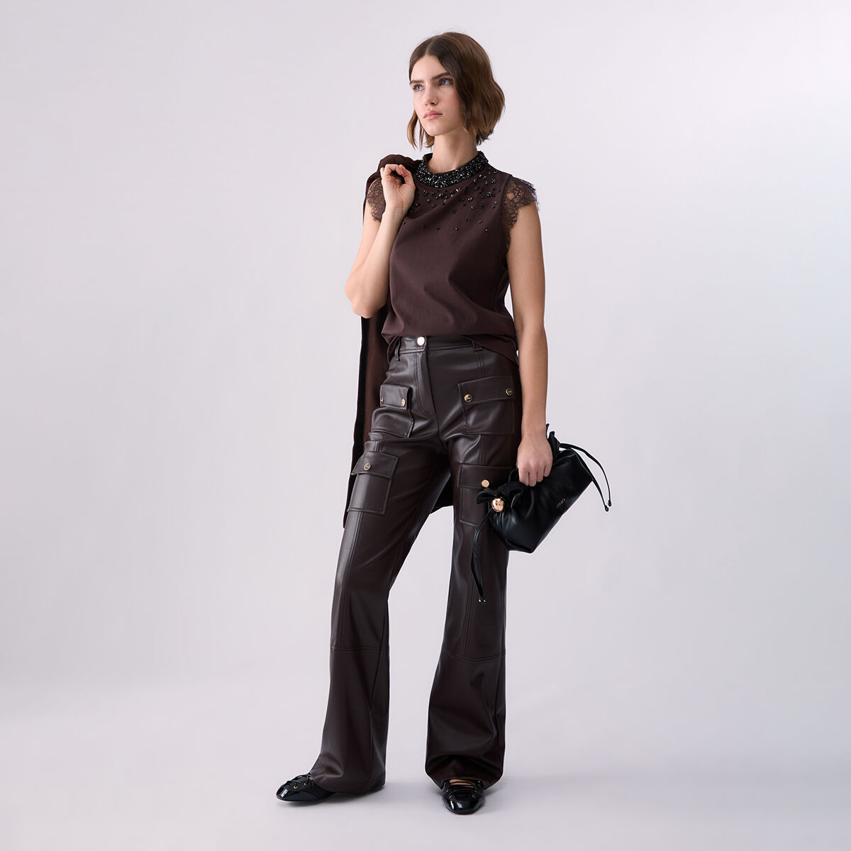 T-shirt avec dentelle et strass moka, LIU JO