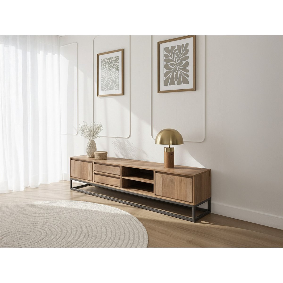 Meuble TV 200 cm bois massif, BERGERAC marron clair, BOBOCHIC