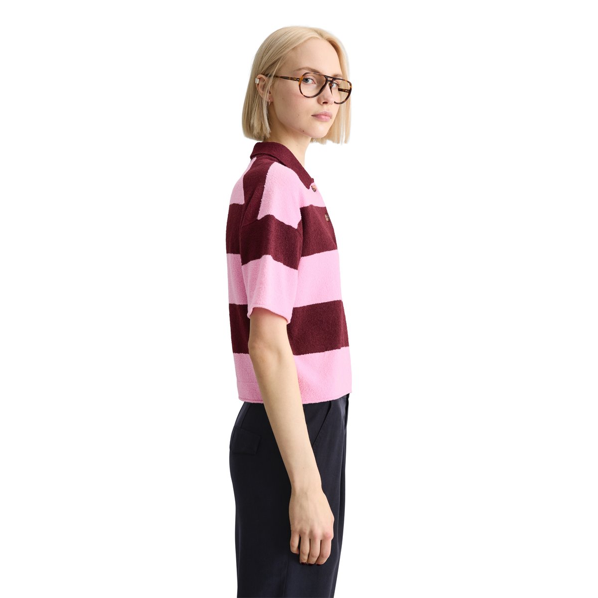 Polo en tricot régulier en mélange Crinkled Organic Cotton rose bonbon, MARC O’POLO DENIM