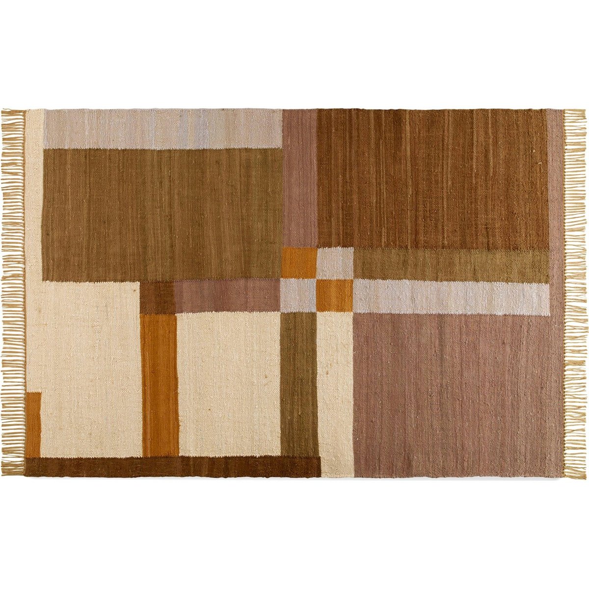 Tapis rectangulaire en coton à franges marron multicolore à motifs géométriques, RECOLLECTION