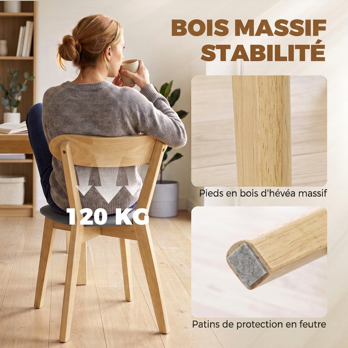 Chaise de salle à manger Tissu effet lin (100 gris et bois naturel, HOMCOM