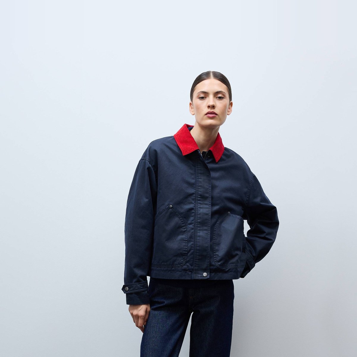 Veste courte waxé avec col contrasté black iris, MONOPRIX