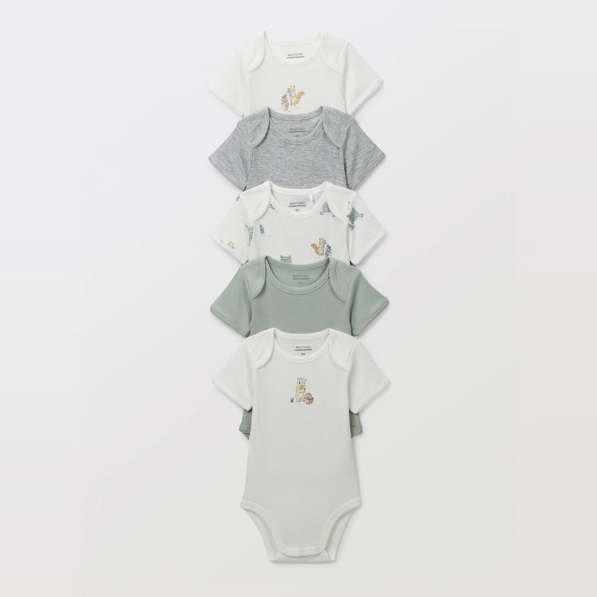 Lot de 5 bodies manches courtes imprimé en coton BIO GOTS ecru, BOUT'CHOU