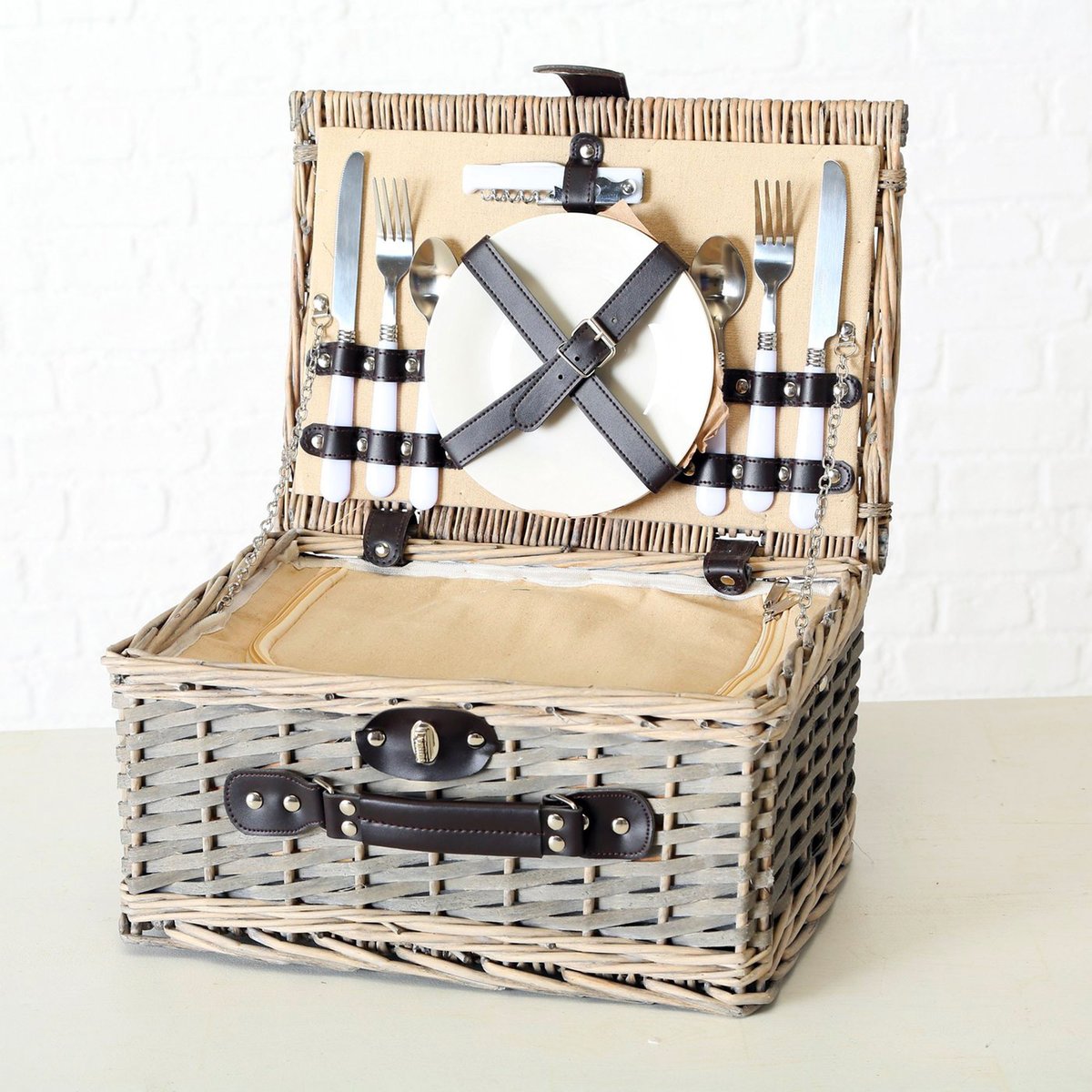 Panier pique-nique bois tressé 14 pièces 38x28x18cm bois, WADIGA