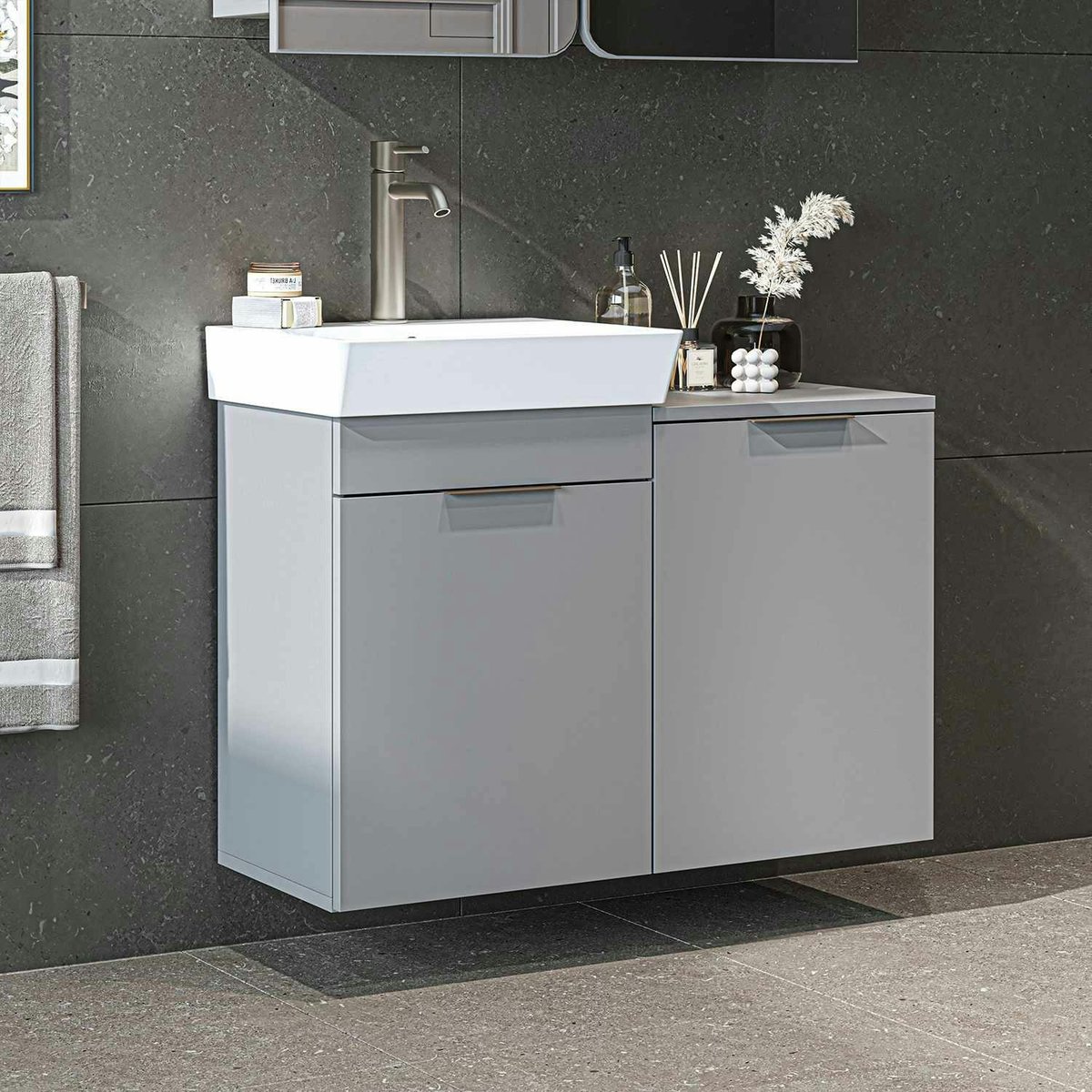 Vasque suspendue + meuble panier à linge NESSA gris, PIER IMPORT