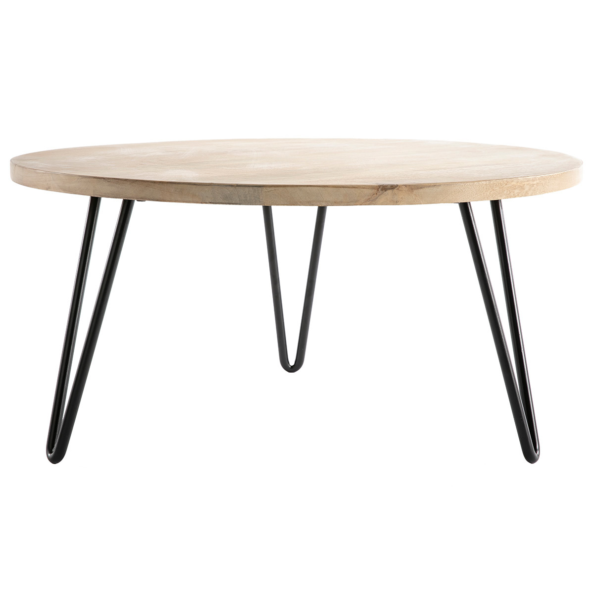 Table basse ronde bois manguier massif et métal noir D80 cm VIBES naturel, MILIBOO