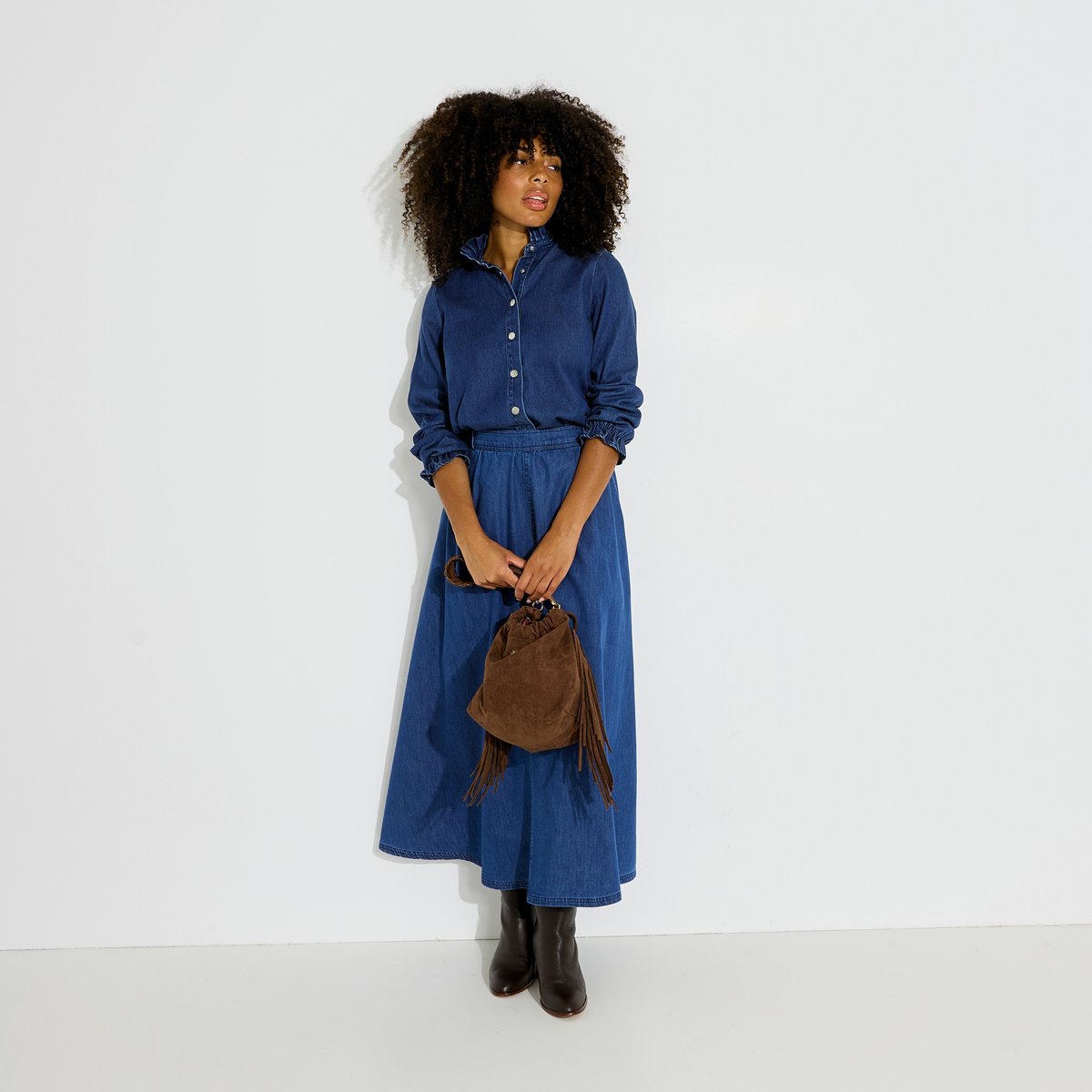 Jupe longue en jean bleu stone, GRAIN DE MALICE