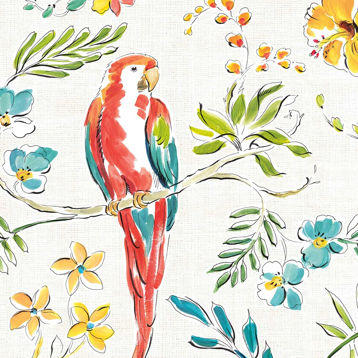 Papier peint exotique perroquet et fleurs intissé, HEXOA