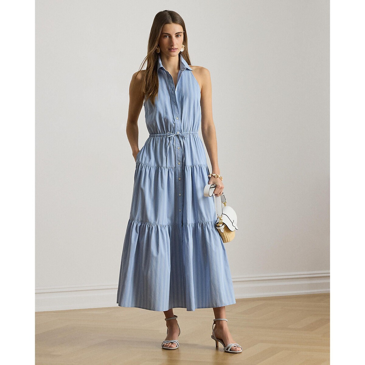 Langes, gestreiftes, ärmelloses Hemdblusenkleid blau/weiss gestreift, LAUREN RALPH LAUREN
