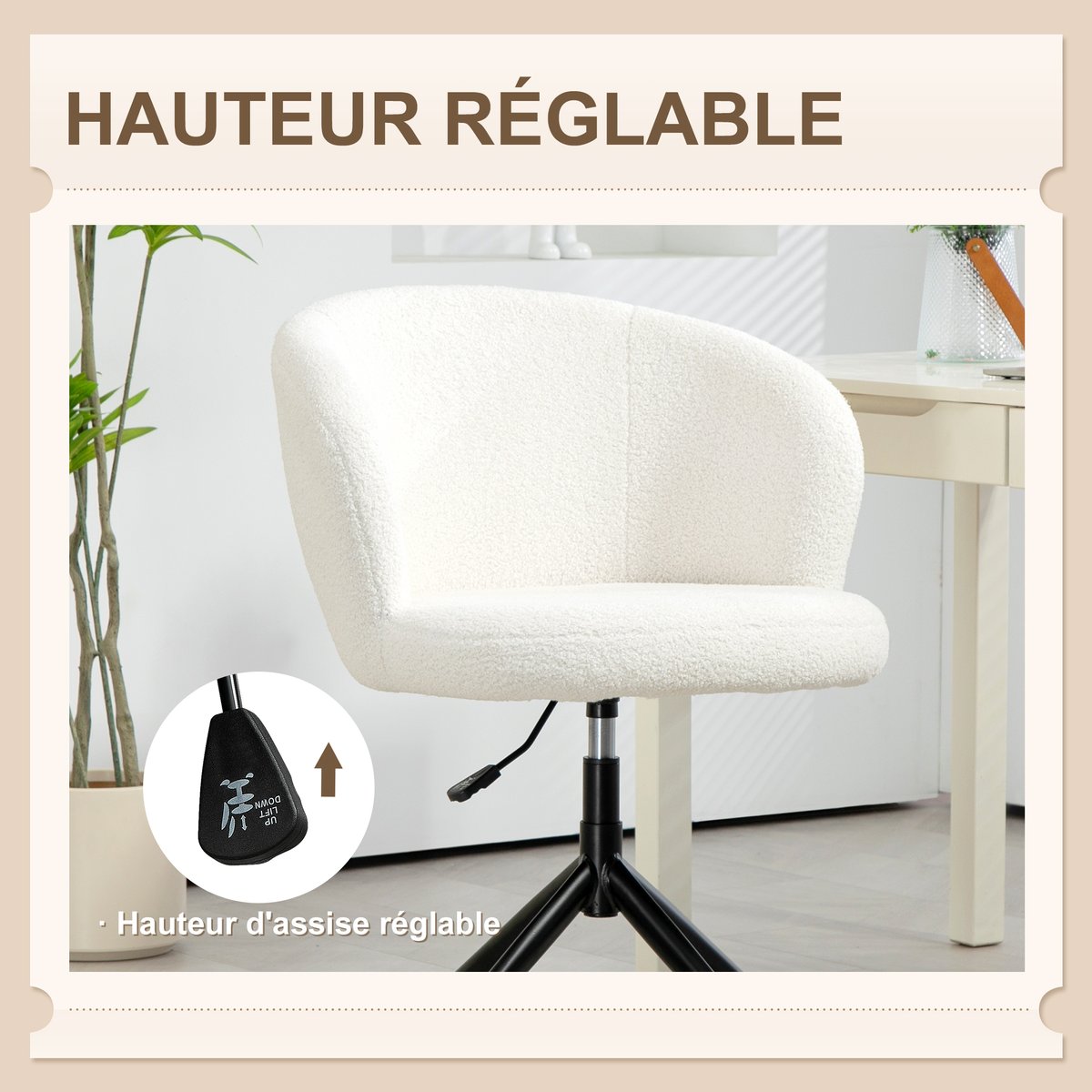 Chaise de bureau Polyester Crème blanc crème, HOMCOM