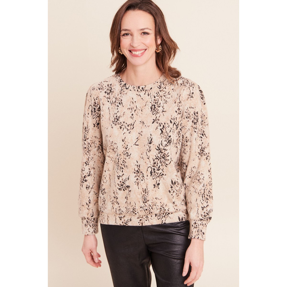T-shirt court col rond manches longues beige, BREAL