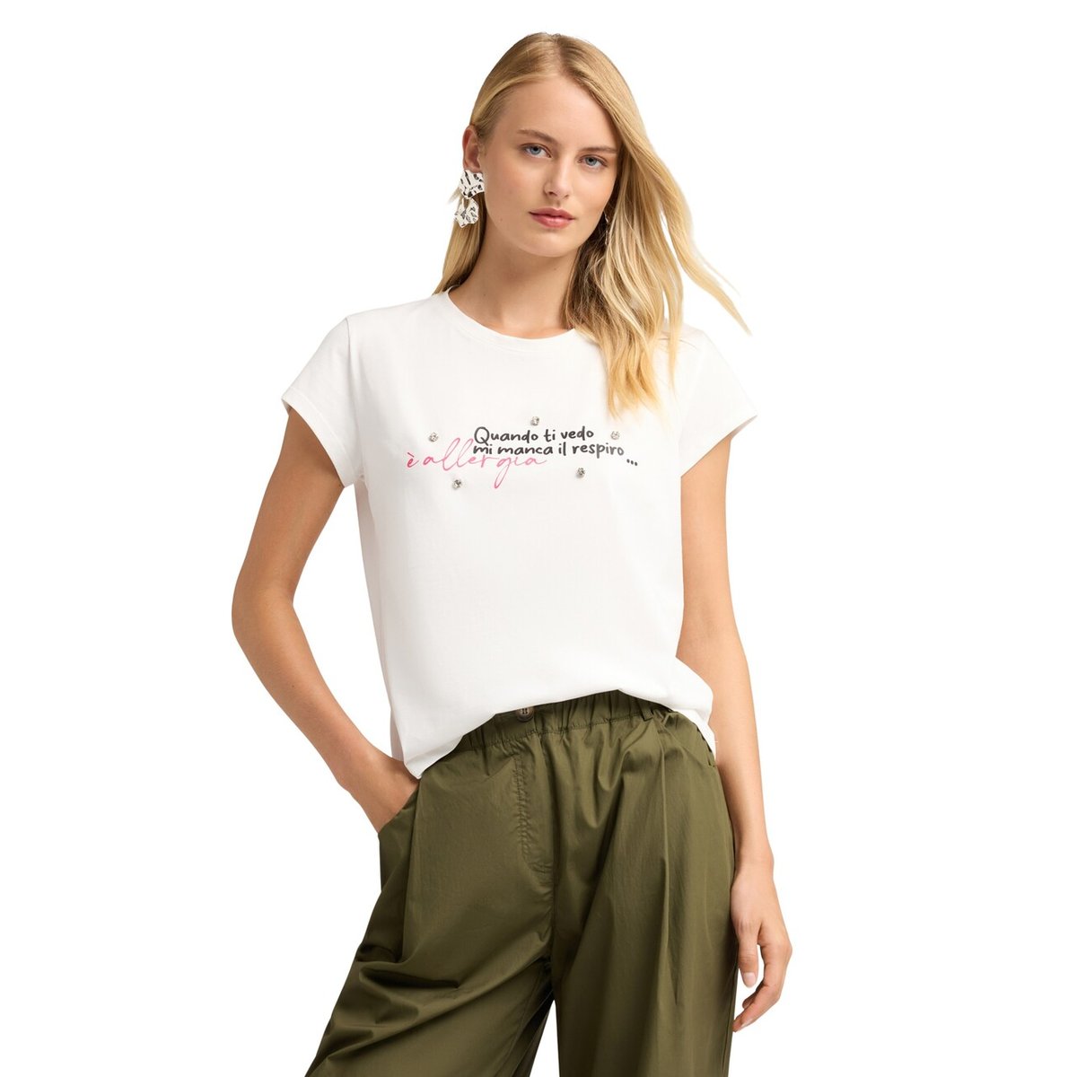 T-shirt avec inscription et broderie de pierres blanc, MOTIVI