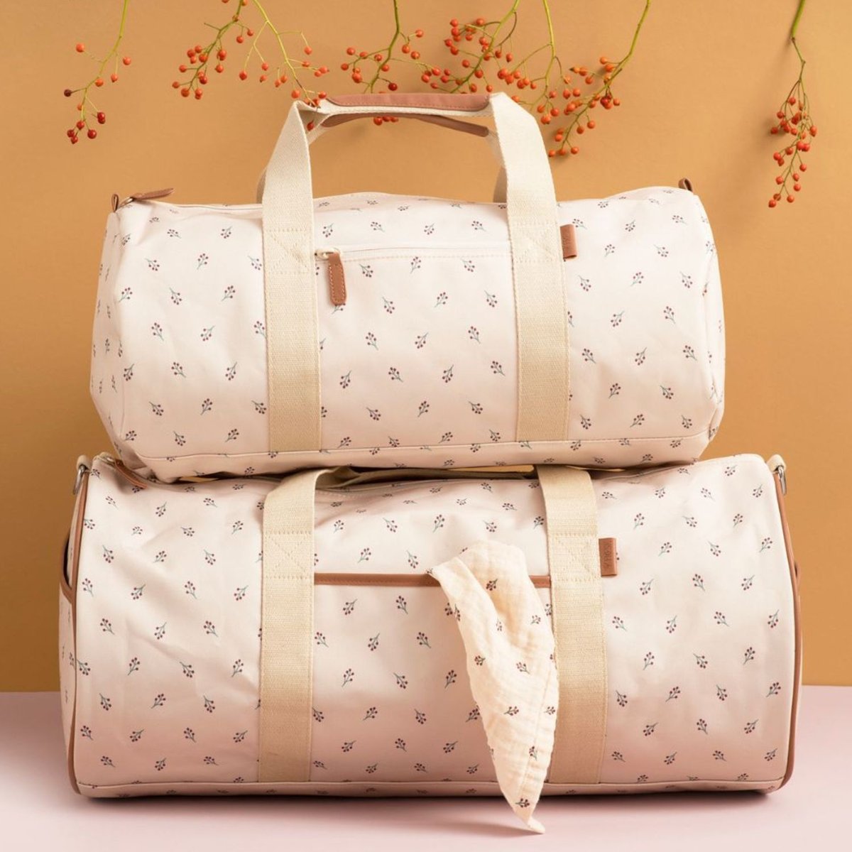Sac week-end ecru, marron, rouge, FRESK