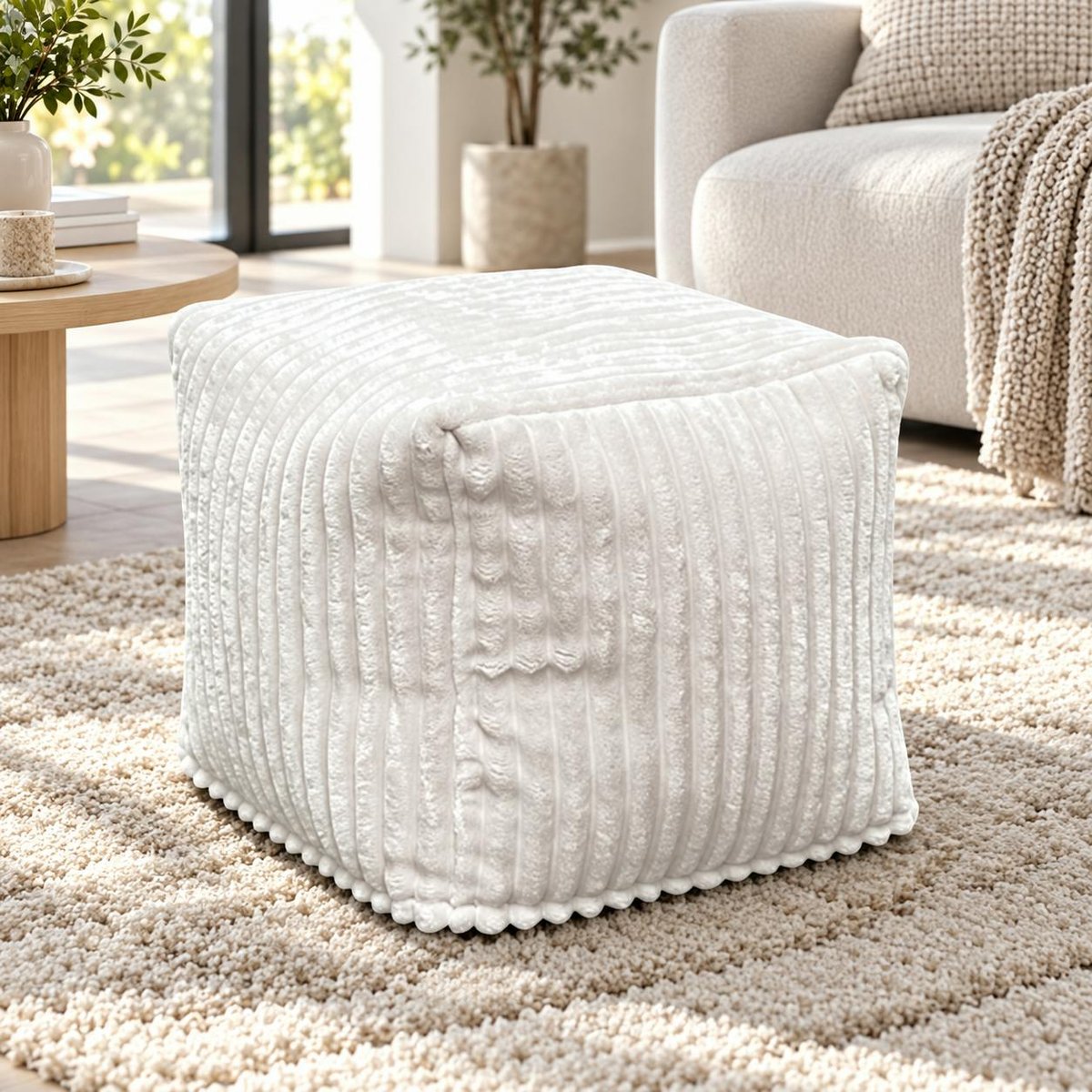 Pouf carré velours grosses côtes blanc VISBY blanc, PIER IMPORT