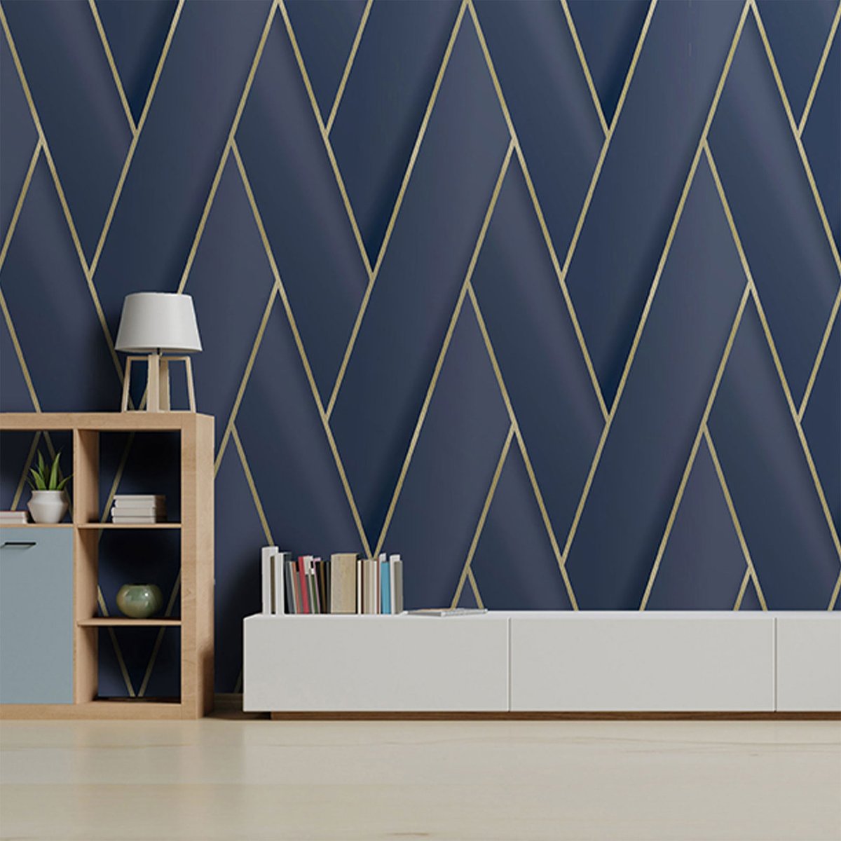 Papier peint géométrique bleu d'or bleu, HEXOA
