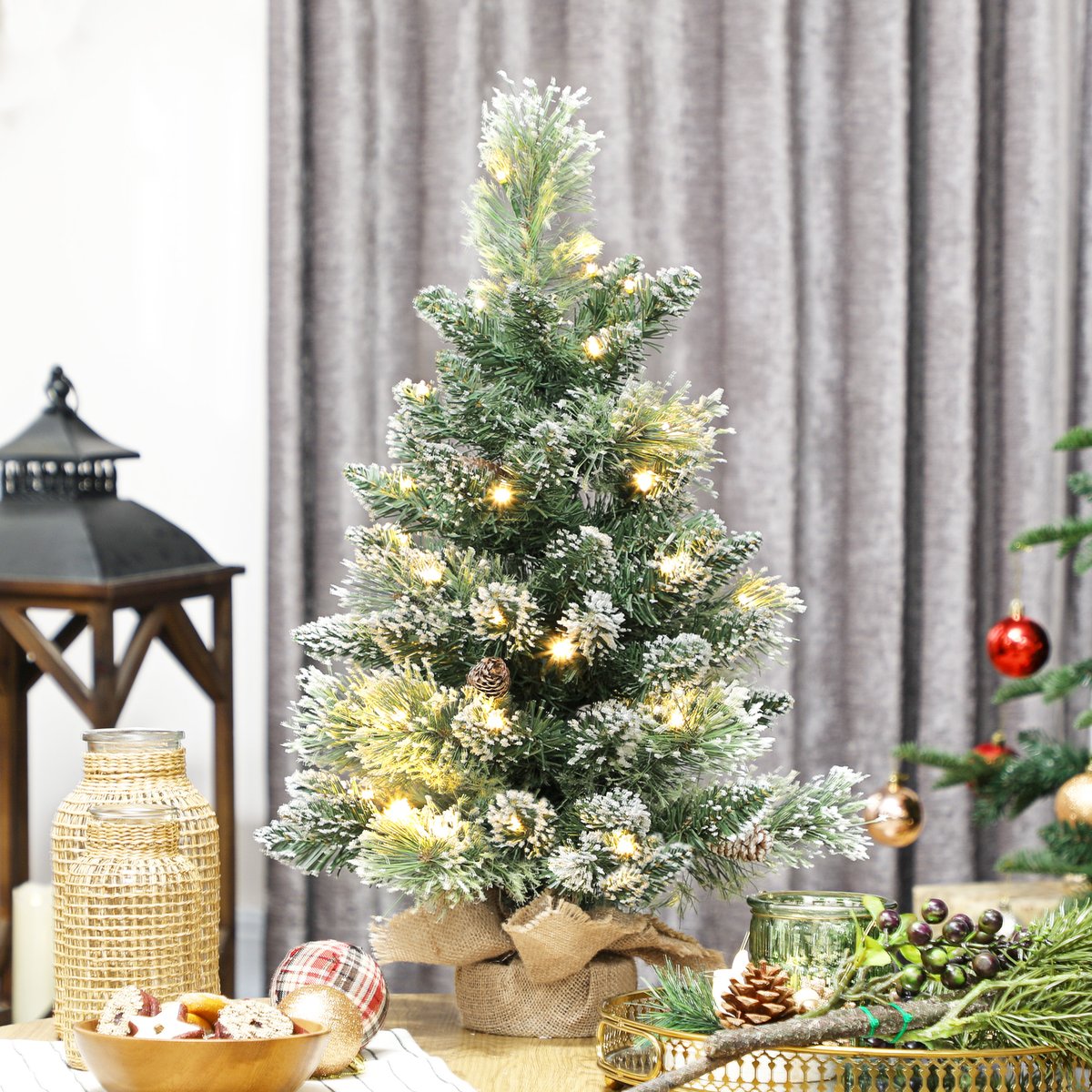 Sapin de Noël artificiel LED de table bureau H.60cm avec décorations toile de lin vert, HOMCOM