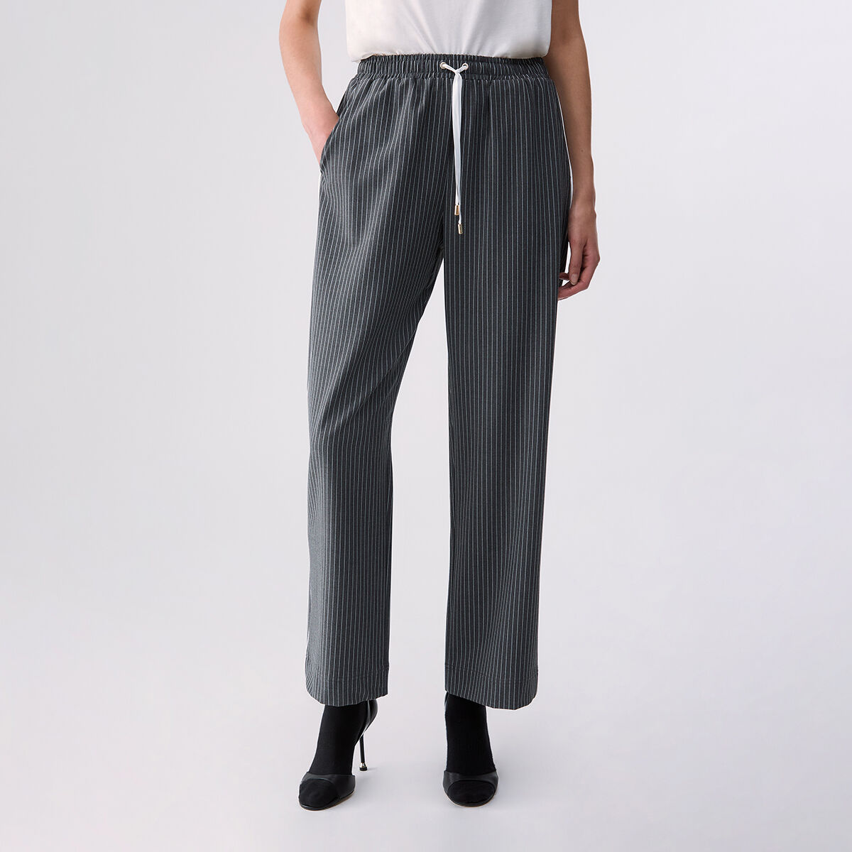 Pantalon à fines rayures avec empiècement en dentelle gris, LIU JO